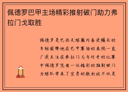 佩德罗巴甲主场精彩推射破门助力弗拉门戈取胜 佩德罗巴甲主场精彩推射破门助力弗拉门戈取胜